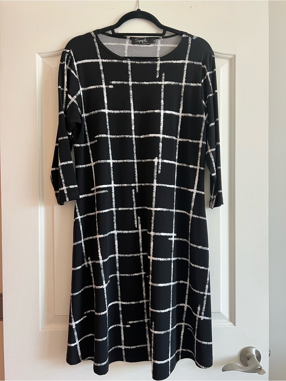 Sympli Fit & Flare Black Windowpane Midi Dress
